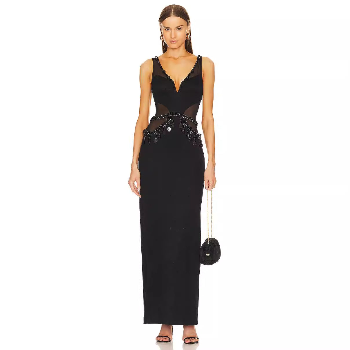 Women's black beaded bandage dress evening elegant partydress