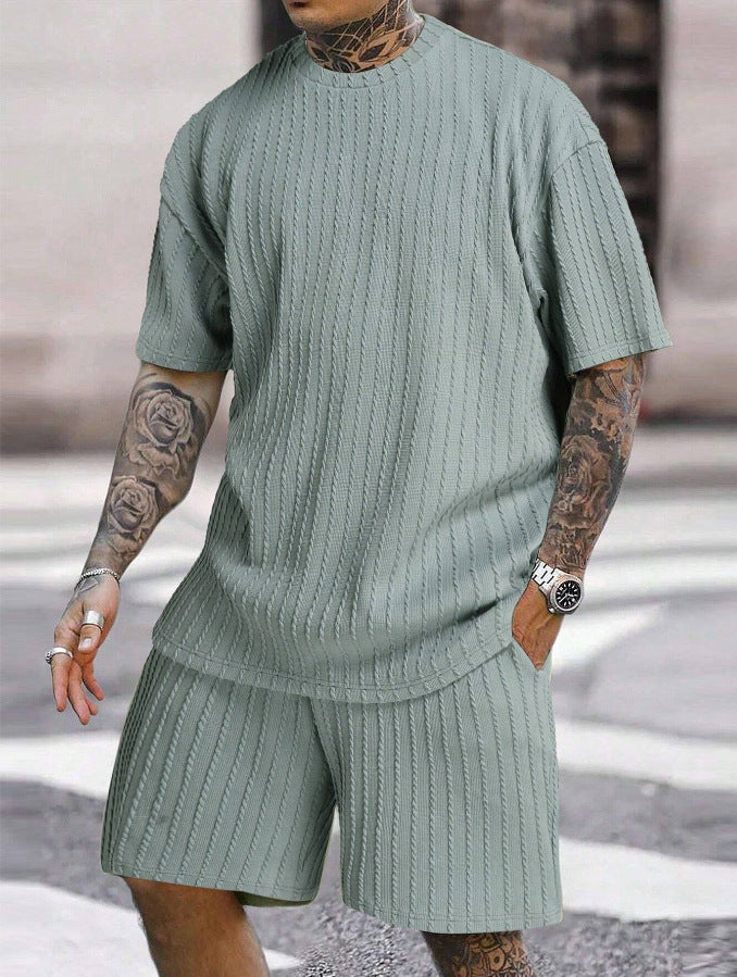 Men's sports solid color round neck pullover vertical T-shirt shorts short sleeves two-piece set