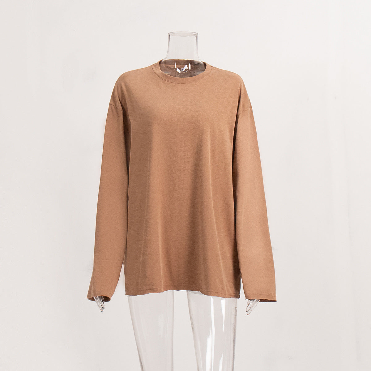 Women's cotton T-shirt spring and autumn loose solid color Oversize round neck long sleeve loose top