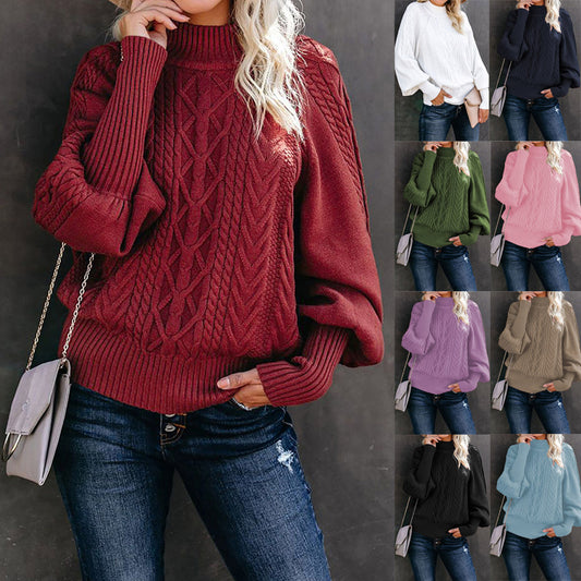 Winter mid-neck sweater women's loose long-sleeved knitted linen solid color sweater