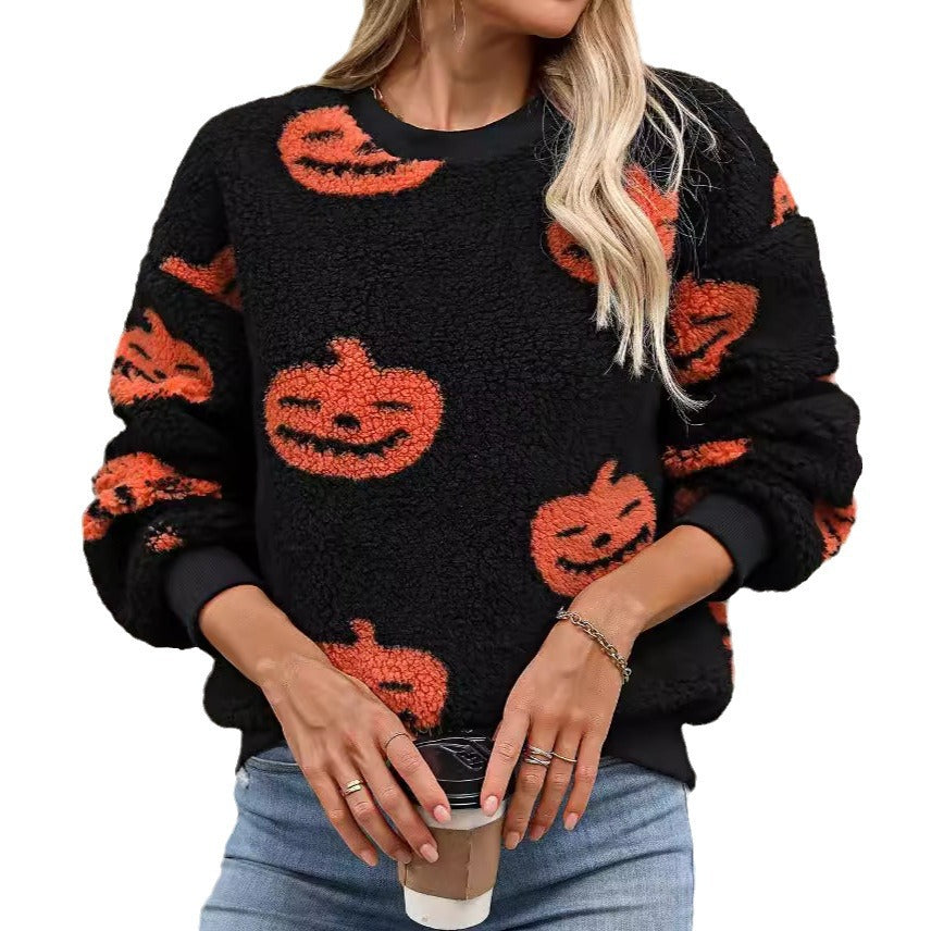 Women's autumn and winter Halloween printed plush loose pullover sweatershirt