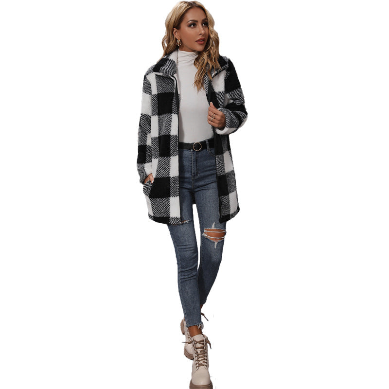 Women's autumn clothing lapel long sleeve loose plaid zipper double-sided velvet casual long coat