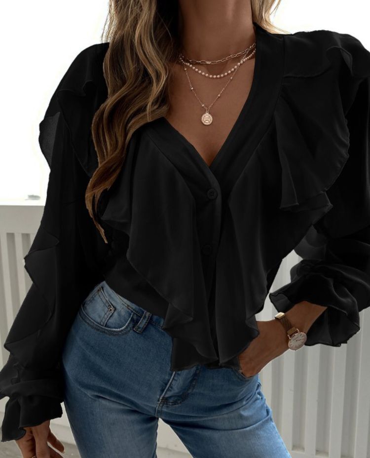 Spring and Autumn women's V-neck flounce top shirt long sleeve