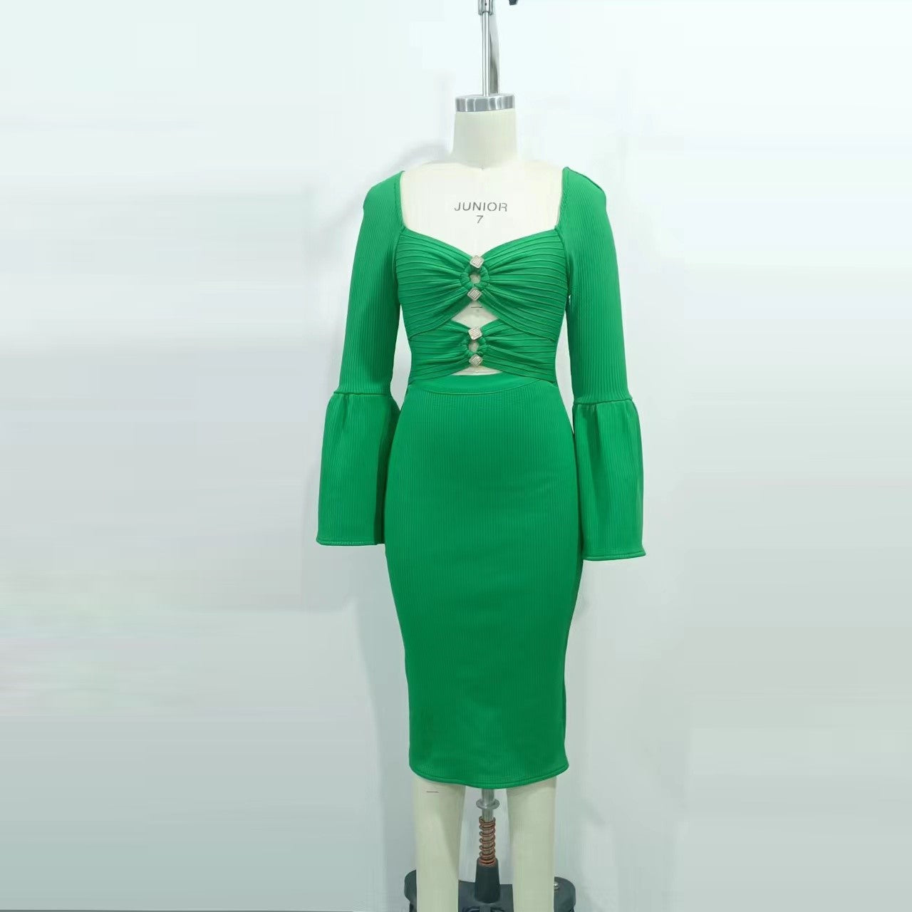 Diamond Bead Wool Knitted Elegant Stacked Sleeves Green Dress