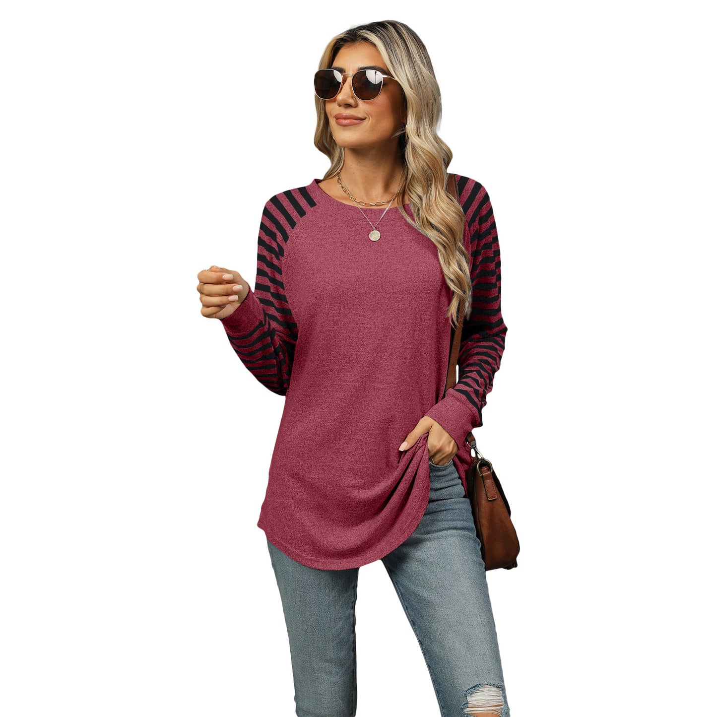 New contrast color striped patchwork round neck long-sleeved T-shirt dovetail top for women