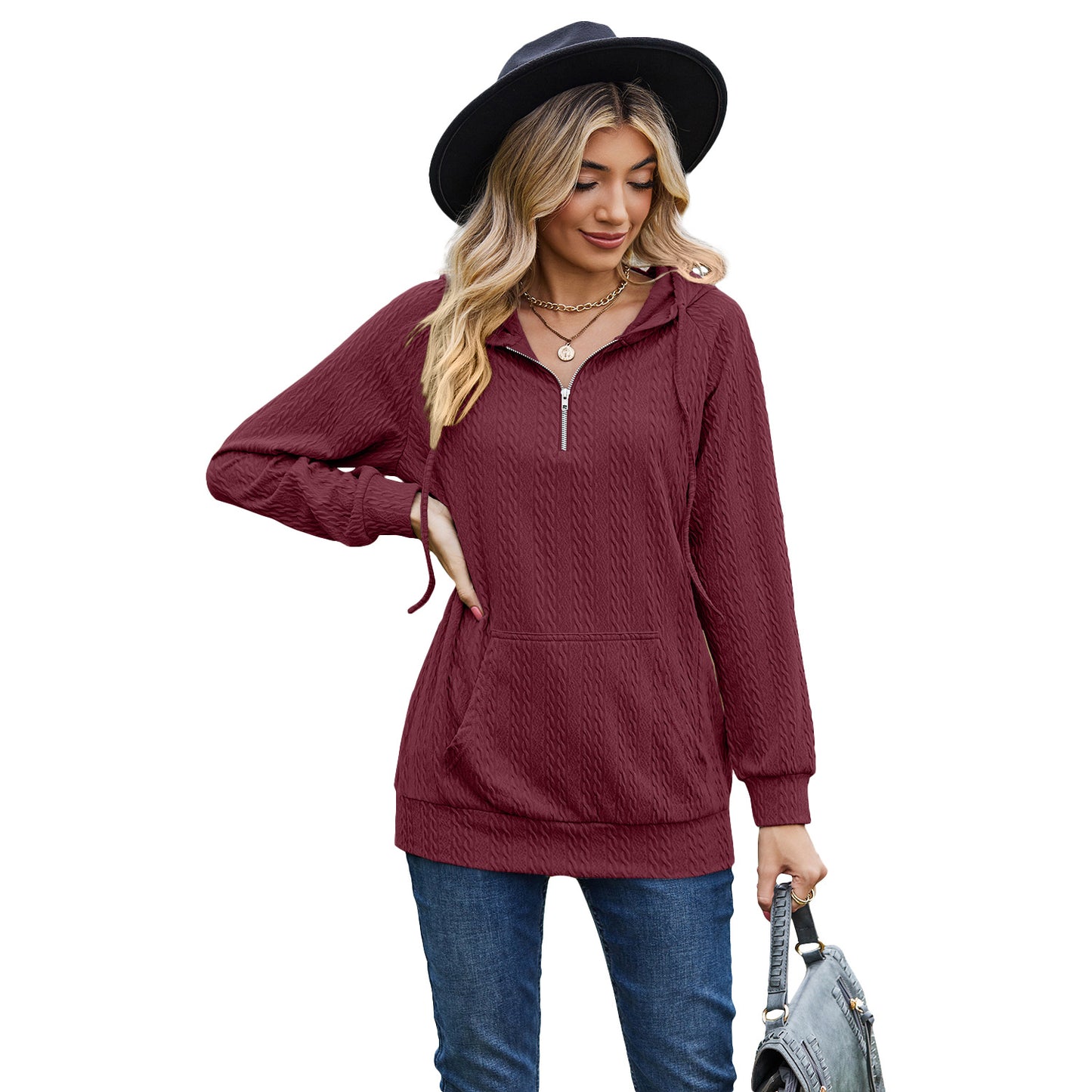 Autumn and Winter solid color hooded zipper loose long sleeve sweatershirt women