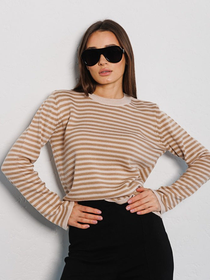 Striped sweater autumn thread contrast color round neck pullover women's knitted striped top