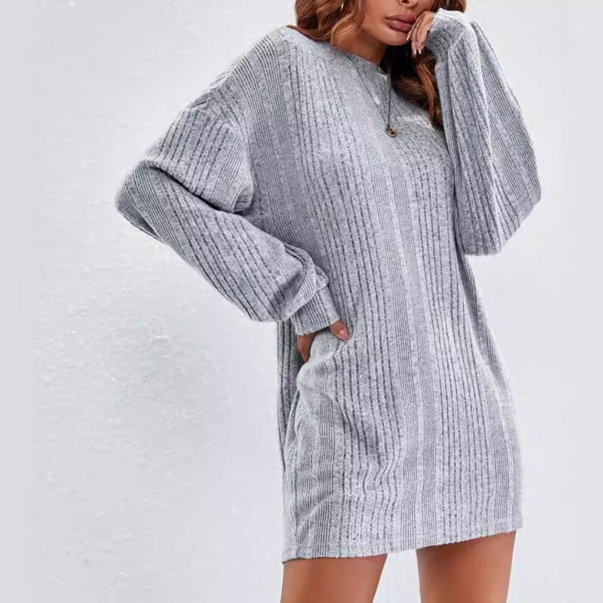 Spring and Autumn women's knitted pullover round neck long sleeve dress