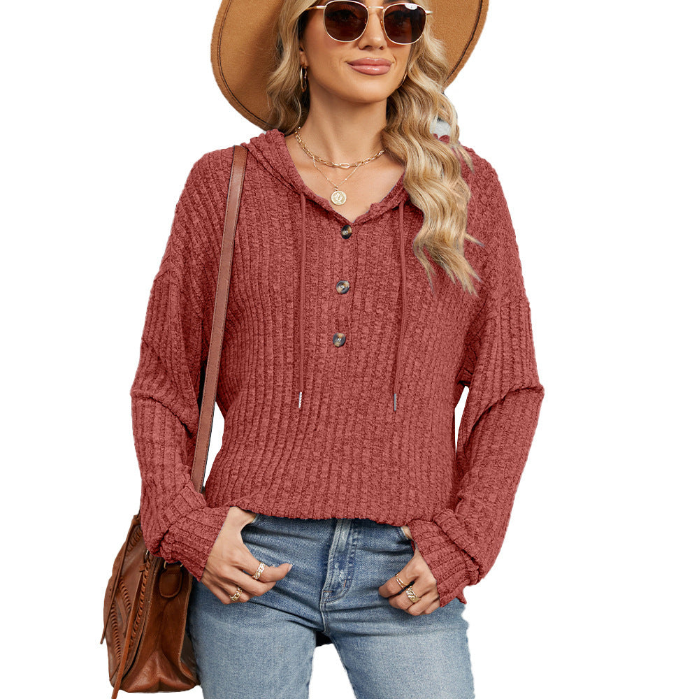 Autumn and Winter new solid color hooded button loose long sleeve sweatershirt women's clothing