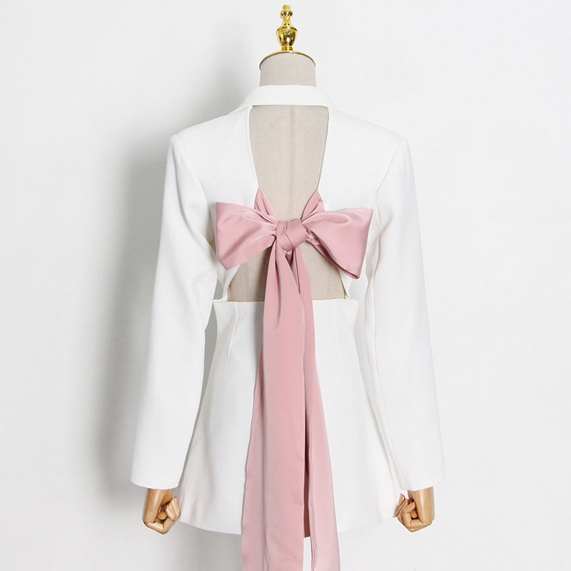 Black Suit 2024 Spring Two Buttons Sexy Stitching Bow Strap Personalized Women'S Fashion Coat