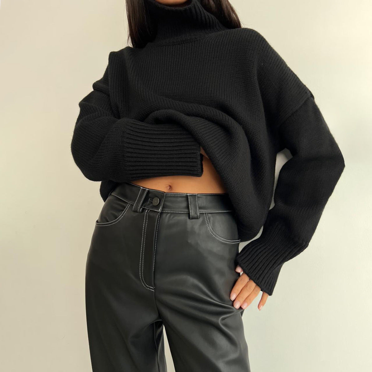 Mock neck sweater autumn and winter women's commuter solid color turtleneck knitting pullover top