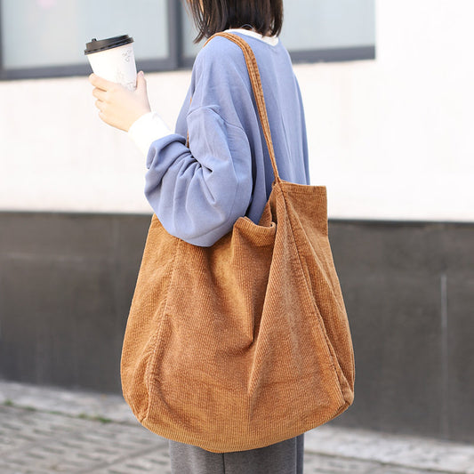 Casual large-capacity shopping bag Fashion corduroy canvas handbag Simple retro literary shoulder women's bag