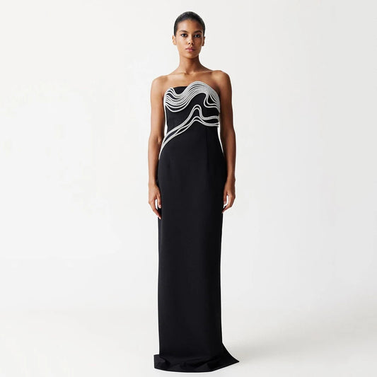 Black Sewed Diamond Casual Banquet Long Bandage Dress