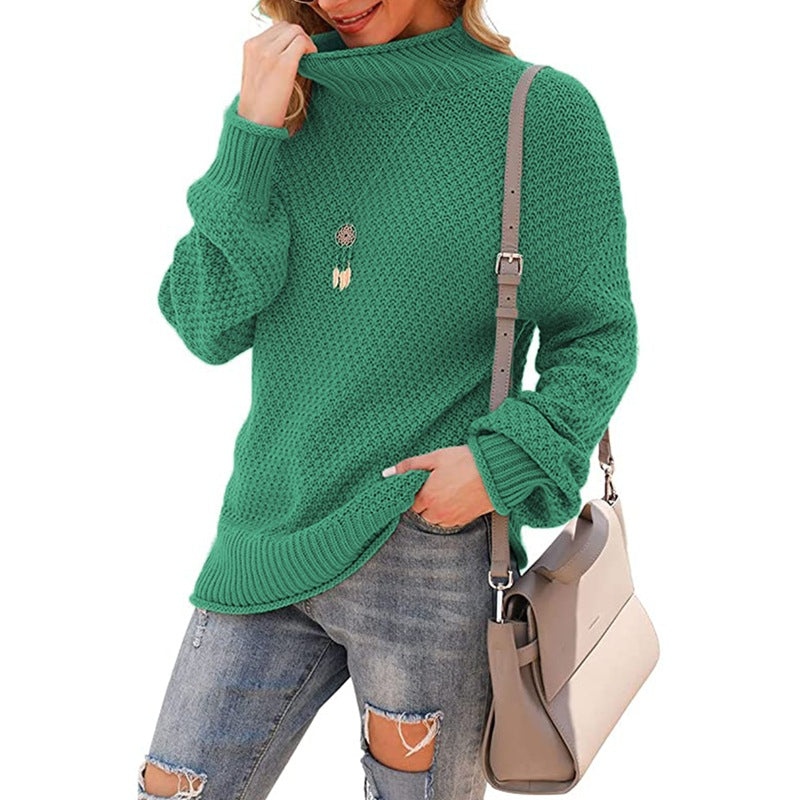 Women's sweater half turtleneck large size sweater bat long sleeve pullover loose solid color sweater