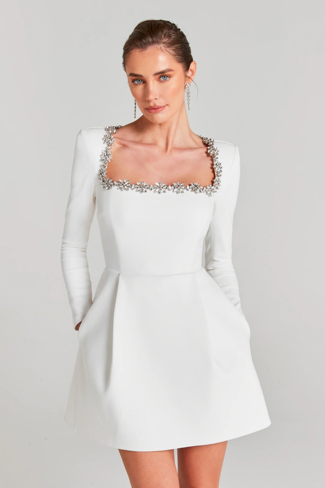 White Square Neck Diamond Studded Long Sleeved Bandage Dress