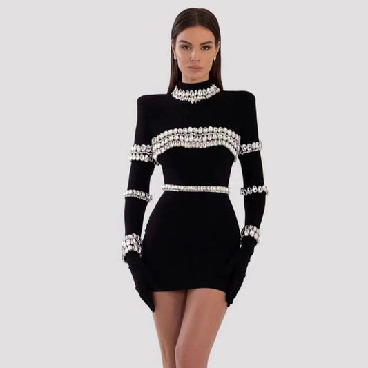 Black Long Sleeve Stand Collar Sewed Diamond Stretch Bandage Dress