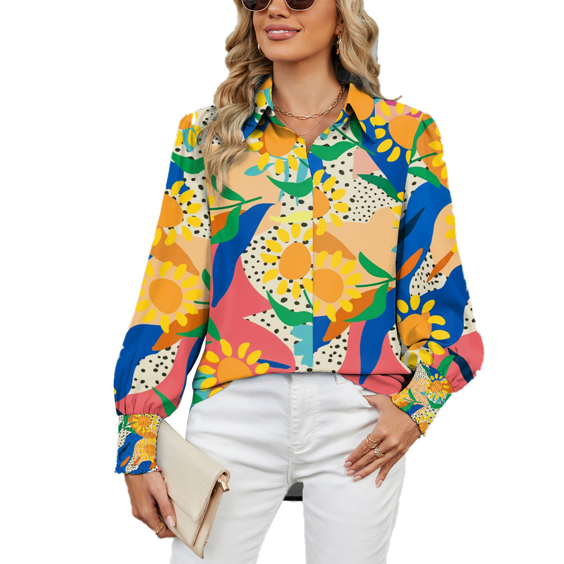 Women's autumn and winter new long-sleeved printed top lapel lantern sleeve shirt