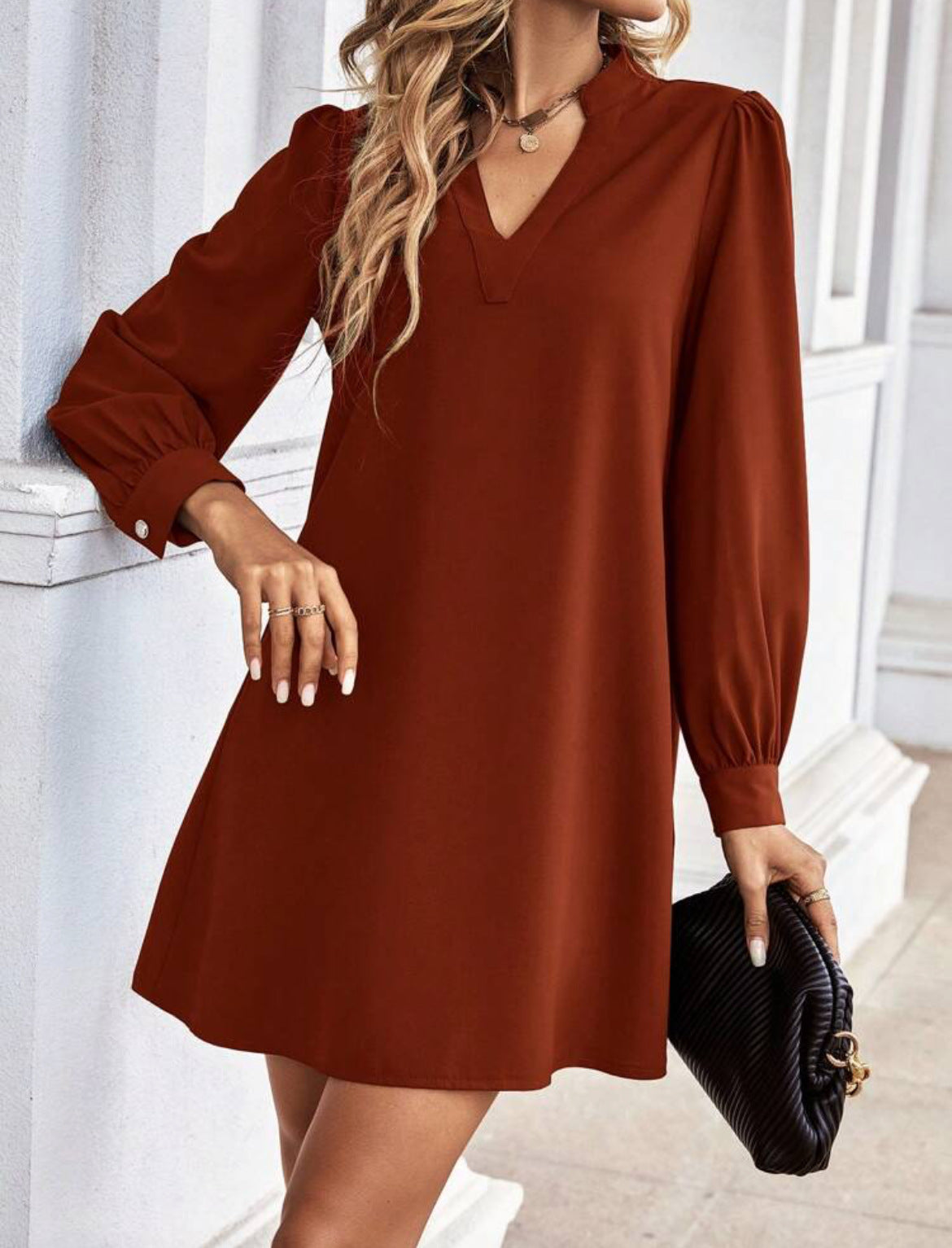 Solid color and V-neck loose long sleeve shirt dress