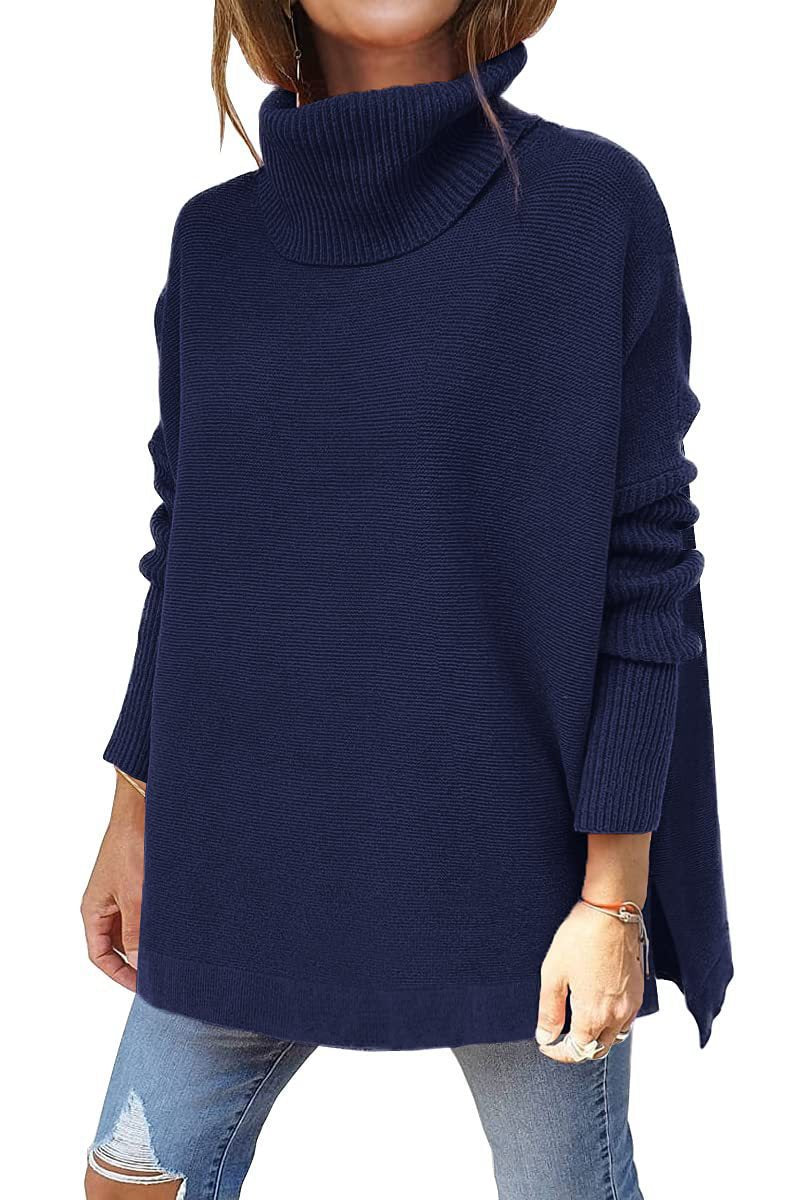 Turtleneck sweater mid-length batwing sleeve hem waist pullover sweater needle woven women