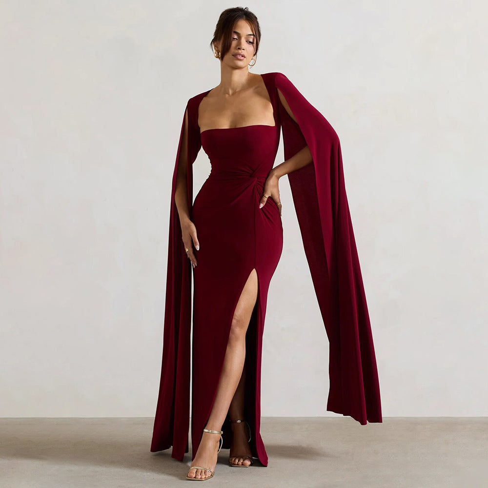 Women's dress square collar mop long sleeve high slit solid color sexy dresses