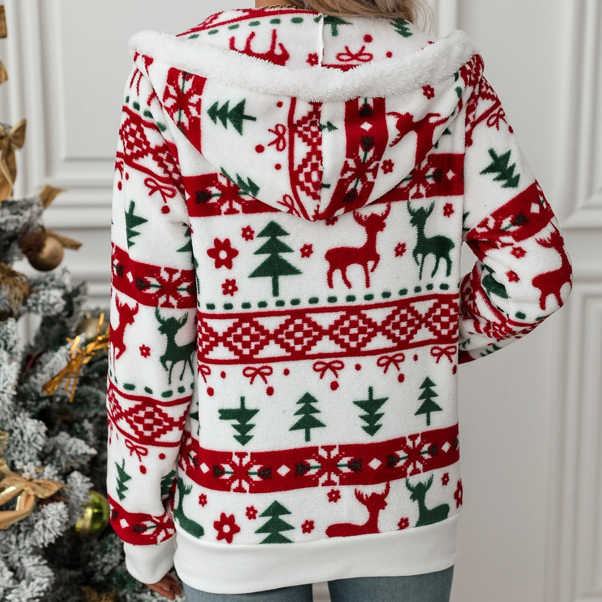 Autumn and winter women's long sleeves Cardigan Christmas printed plush coat