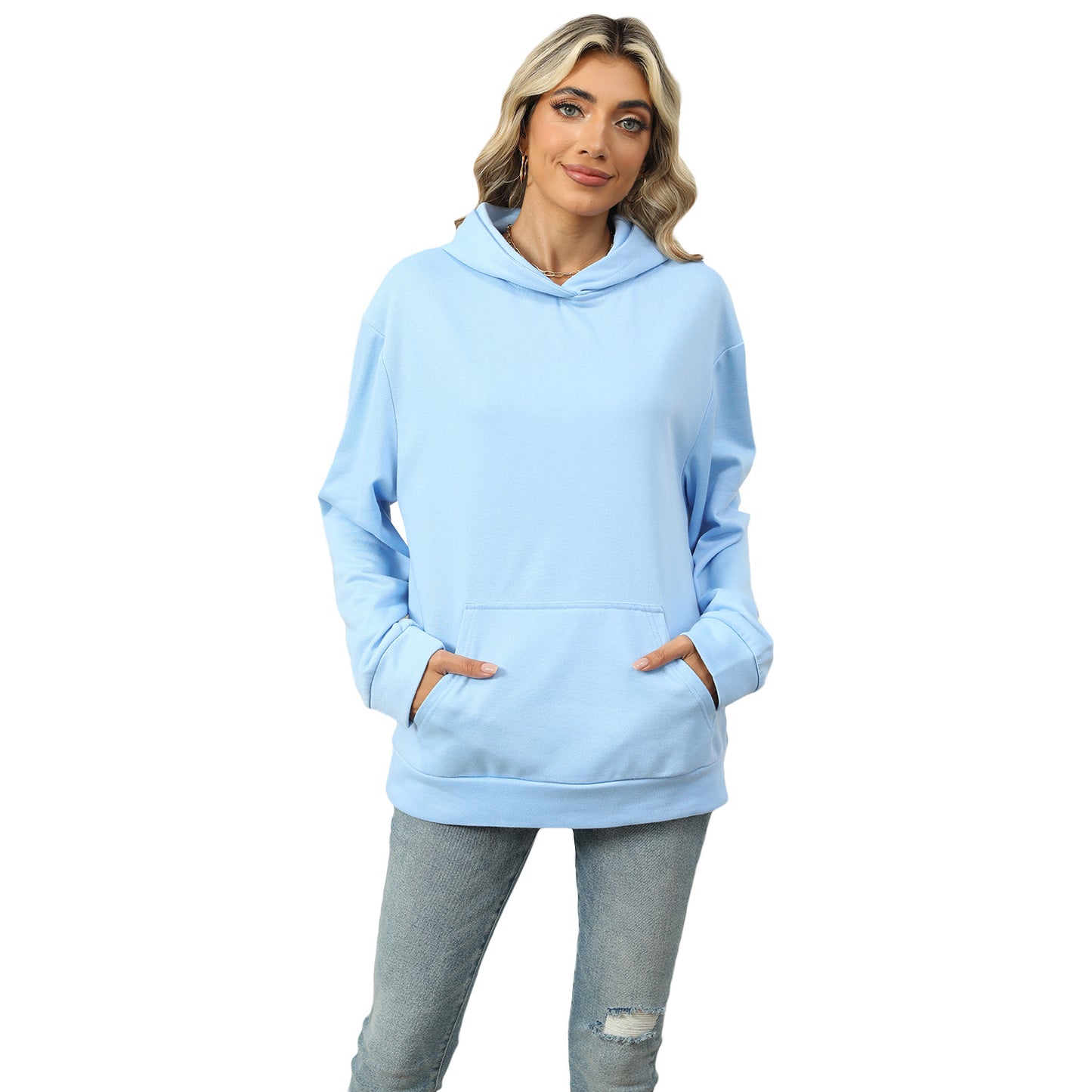 Autumn and Winter leisure hooded pocket sweatshirt solid color pullover women