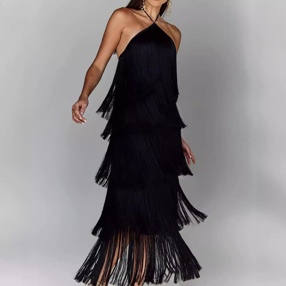 Fashion neck fringed backless slit dress