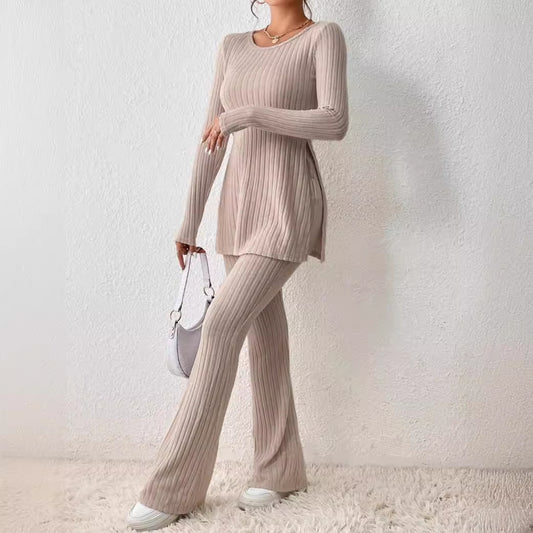 Women's solid color sexy casual long sleeve crew neck split twinset suit