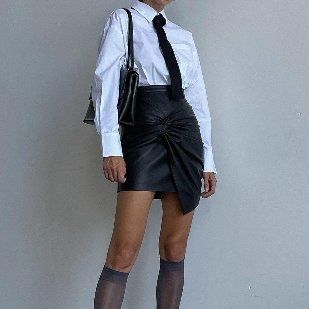 2024 autumn winter street fashion ruffle hip skirt leather skirt wholesale