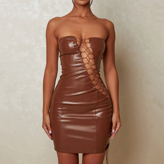 Sexy tube top lace-up waist-controlled hip women's dress