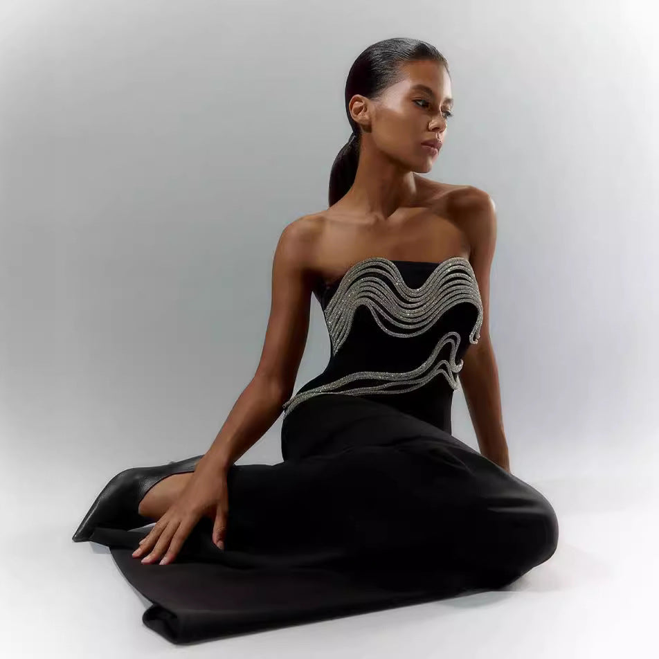 Black Sewed Diamond Casual Banquet Long Bandage Dress