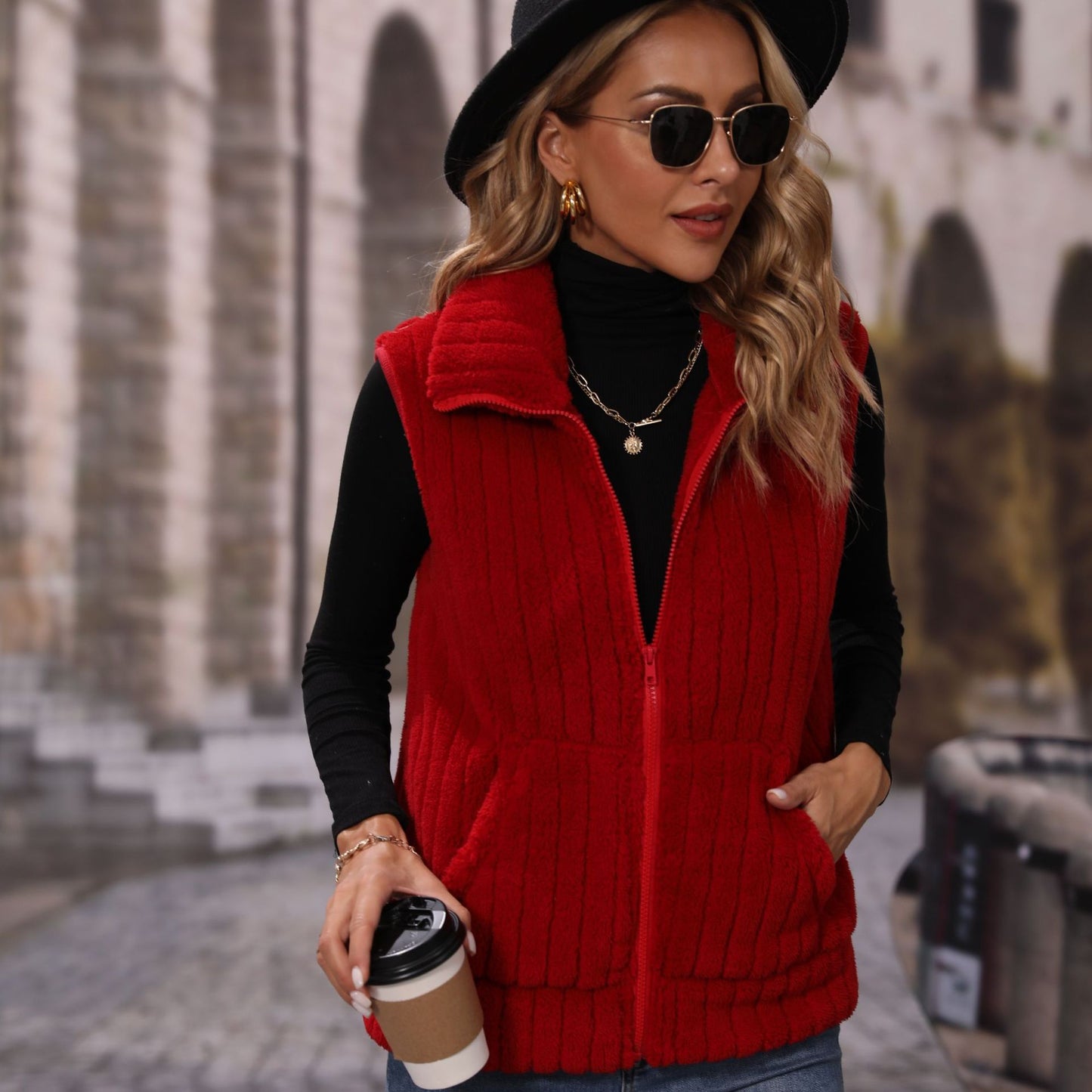 Women's autumn clothing lapel sleeveless loose striped zipper plush casual vest coat