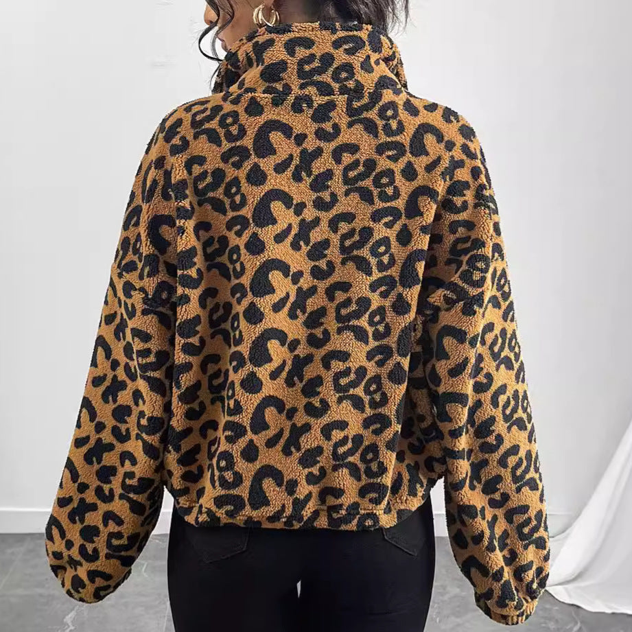 Autumn and winter New loose cardigan zipper leopard print plush coat