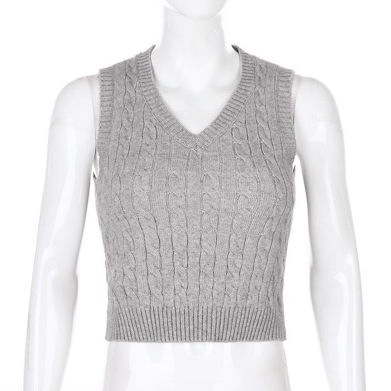 Women's top new V-neck twist woolen vest knitted bottoming shirt