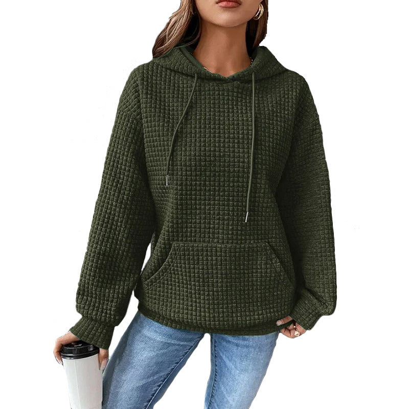 Autumn and winter women's hoodies waffle round neck long-sleeved sweater solid color top for women