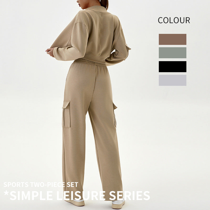 Autumn and winter women's tooling casual sports suit loose zipper jogging yoga suit