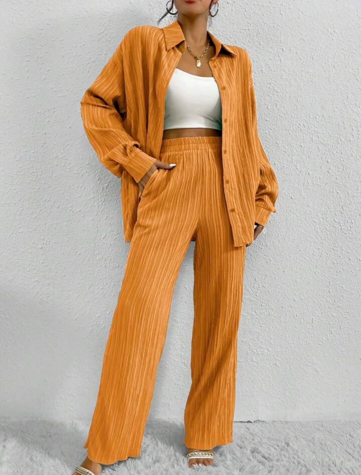 Spring and Autumn women's solid color loose drooping pleated casual trousers cardigan top two-piece set