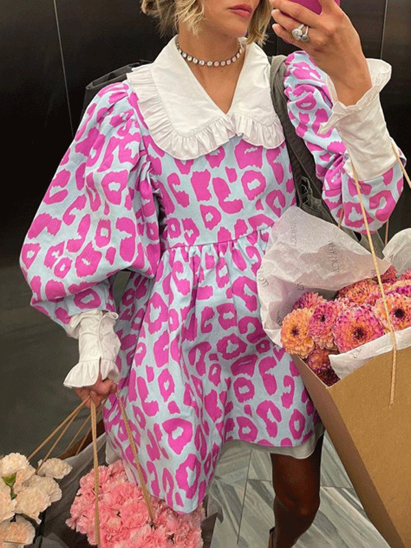 Cute Long Sleeve Floral Printed High Waist Dress