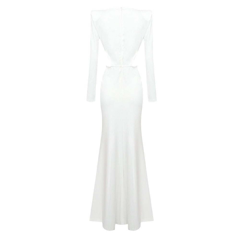 Pleating hollow out cross dress V-neck long sleeve white dress