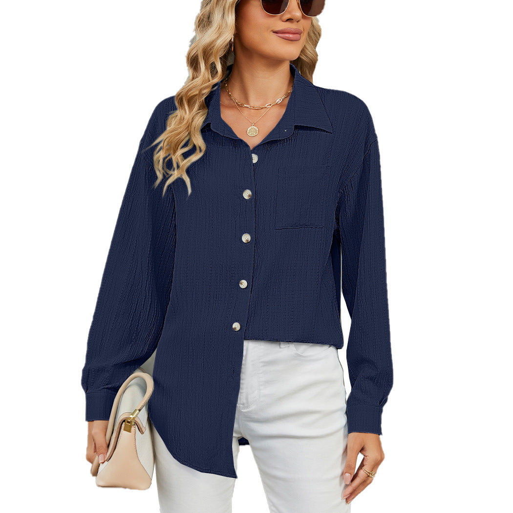 2025 autumn and winter leisure loose long sleeve lapel button solid color shirt Women