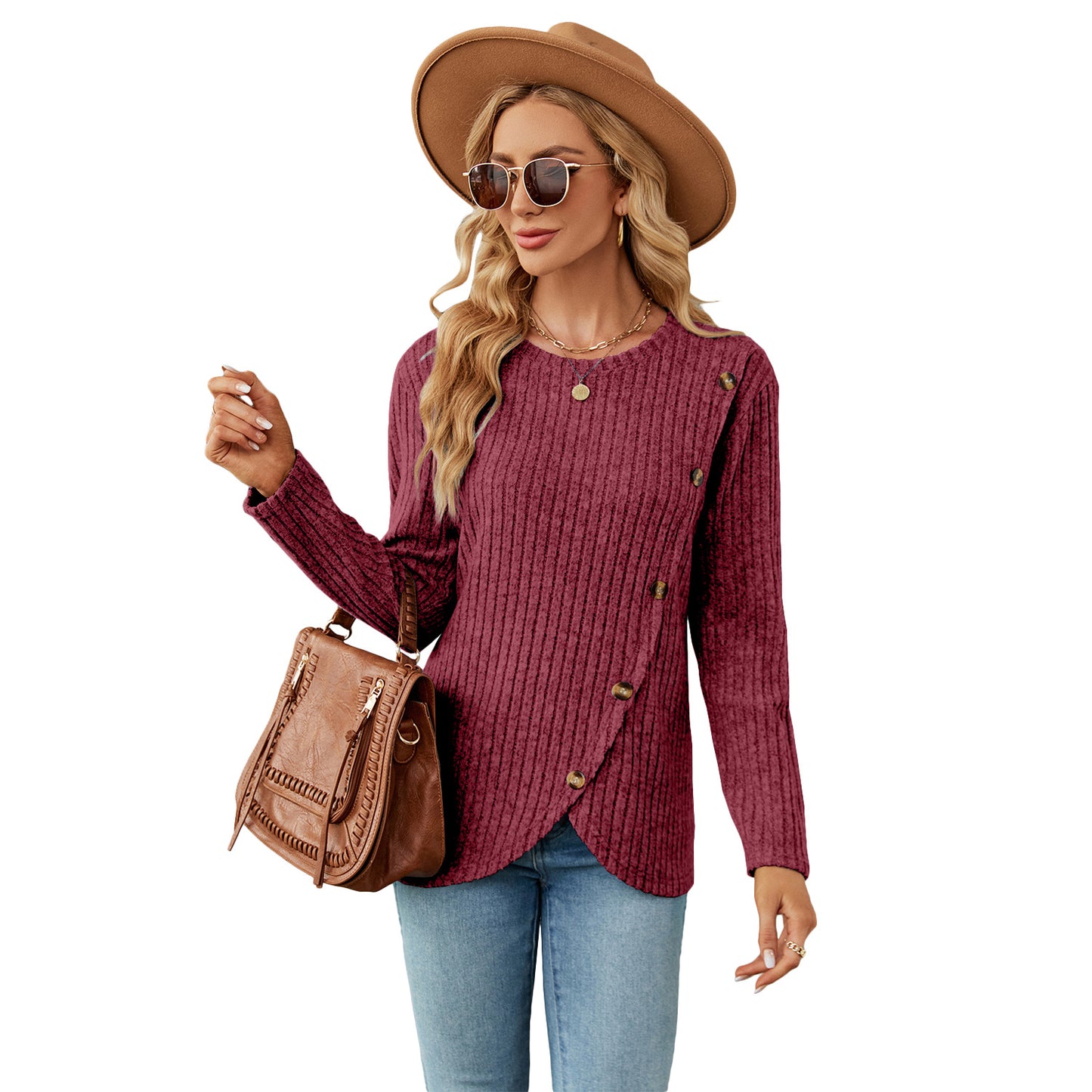 Autumn and Winter new long sleeve round neck tulip hem bottoming shirt T-shirt for women