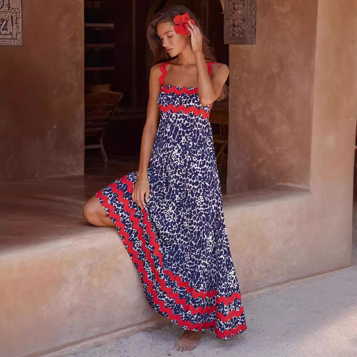 Printed retro bohemian long suspender dress