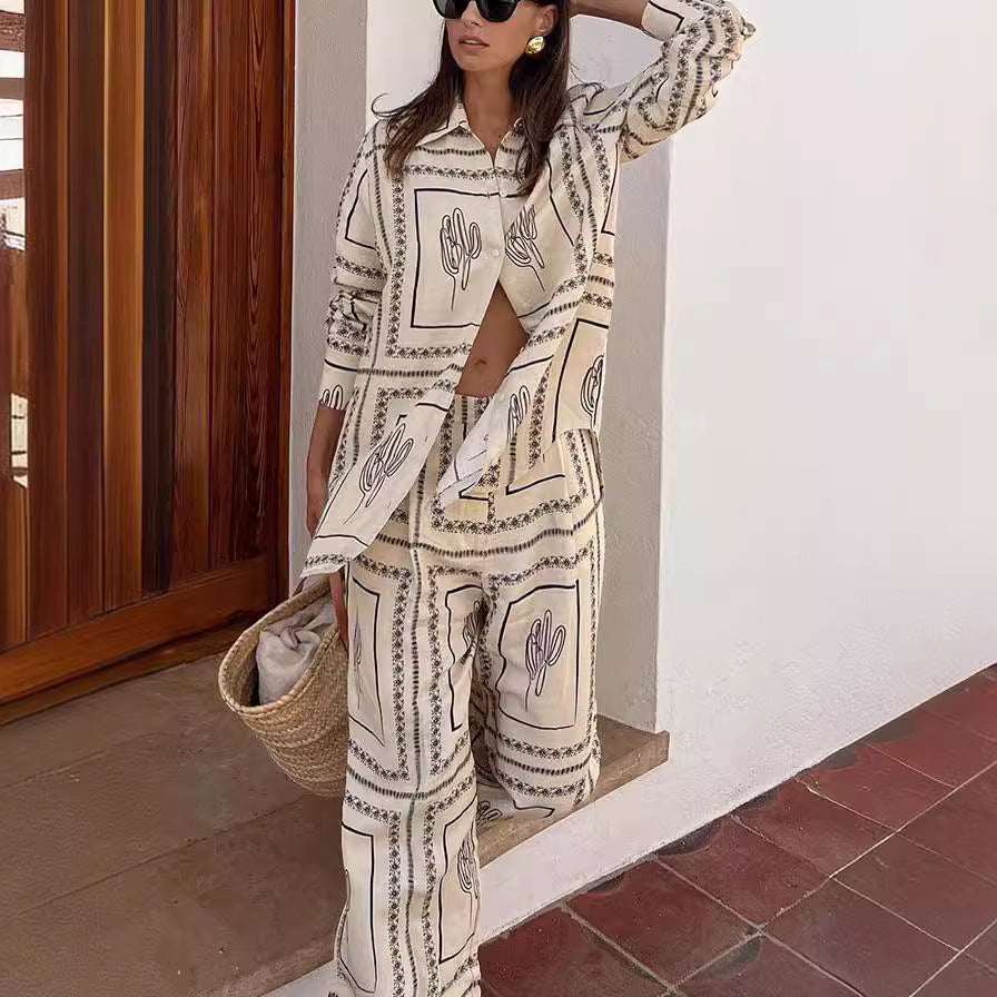 New printed long-sleeved shirt + trousers two-piece set loungewear