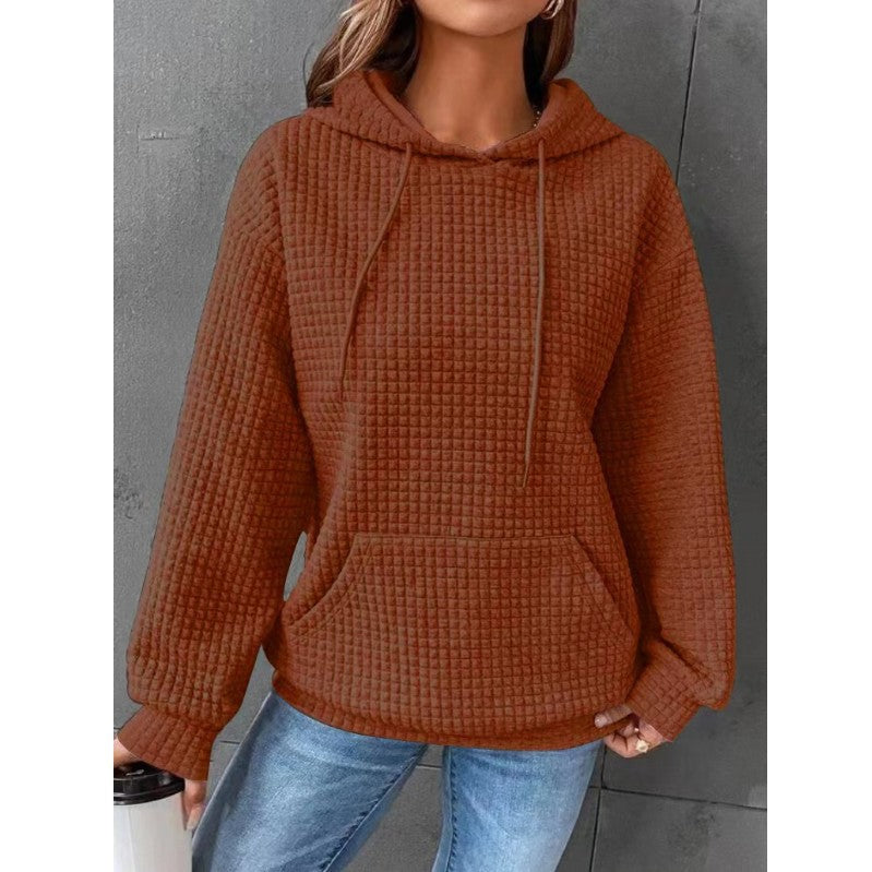 Autumn and winter women's hoodies waffle round neck long-sleeved sweater solid color top for women