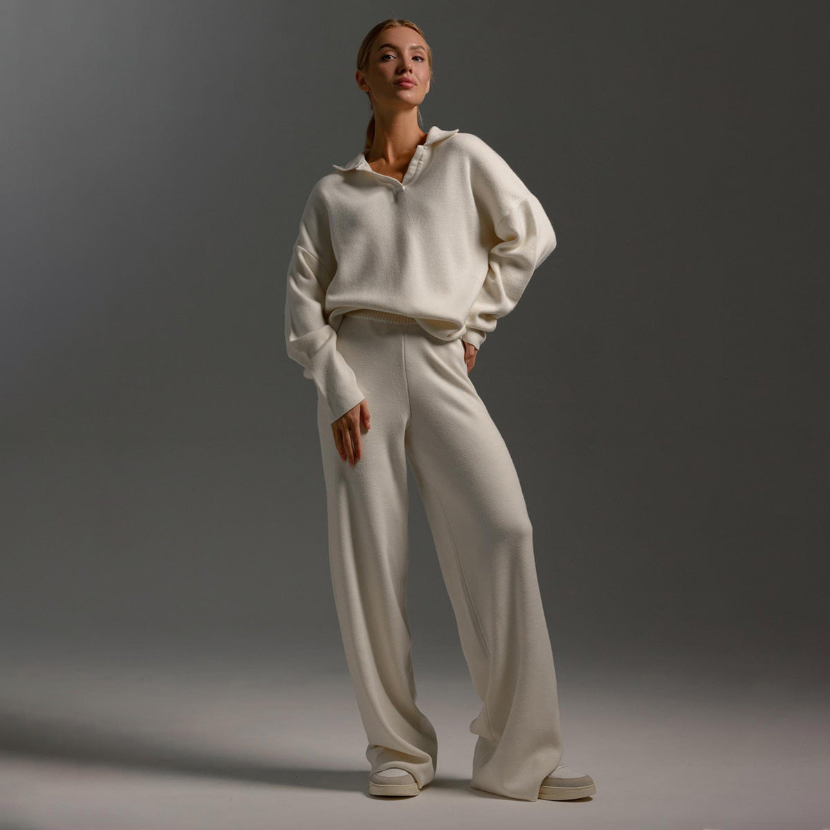 Polo neck knitted jumper + wide-leg trousers two-piece set