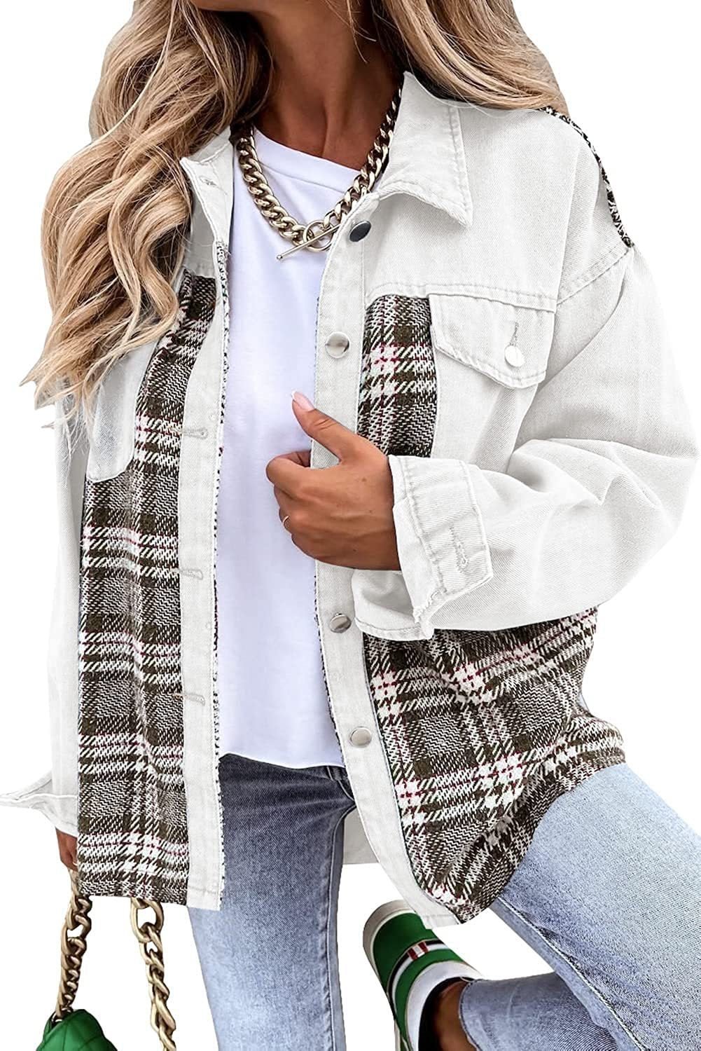 Autumn and winter Denim jacket long sleeve plaid button shirt jacket top