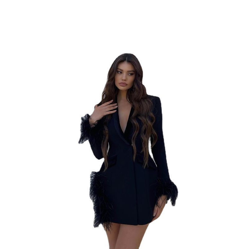 Long Sleeve Ostrich Feather Deep V Party Slim-Fit Suit Dress