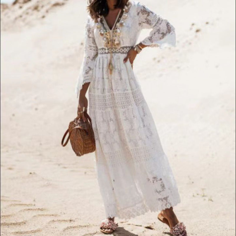 Tassel Lace Splicing Dress Casual Bohemian Vintage Long Dress