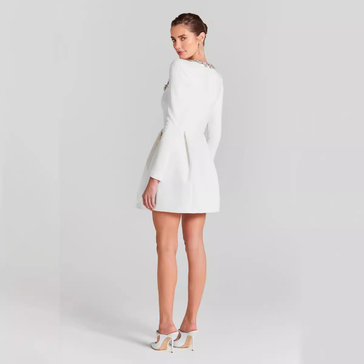 White Square Neck Diamond Studded Long Sleeved Bandage Dress