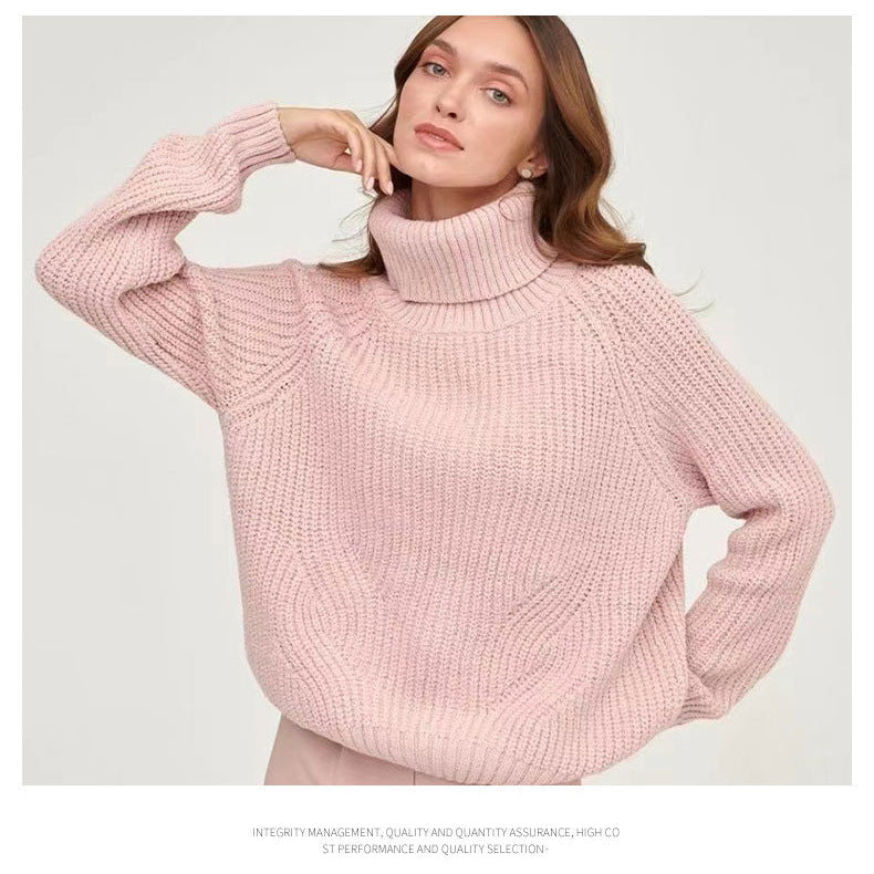 Women's turtleneck sweater knitted loose thickened autumn and winter solid color casual mid-length pullover top